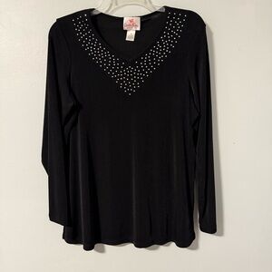 Quacker Factory Long Sleeve Top Women’s 1X Black Silver Bling Studded‎ V-neck